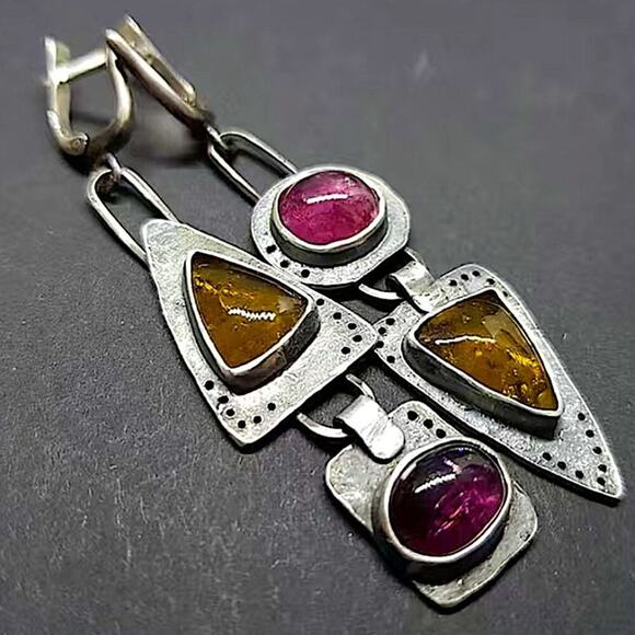 Vintage Boho Geometric Silver Gemstone Irregular Dangle Earrings - Picture 1 of 7